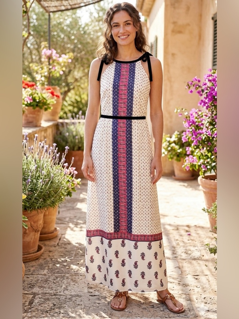 English Factory Cream Maxi Dress with Navy Center Panel and Pink Accents